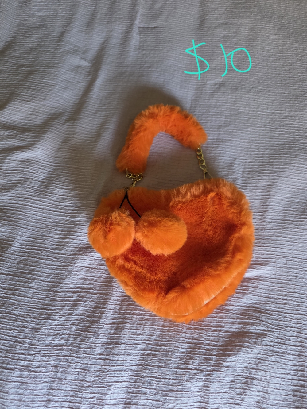 Plush Heart-Shaped Kids Handbag with Pom-Pom - Orange